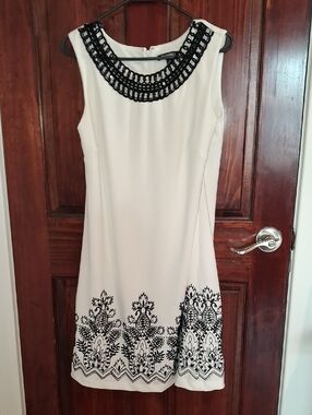 Roz & Ali Cream Mini Dress with Black Embroidered Accents